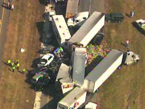 A massive pileup with multiple semi-trucks crashed into each other.