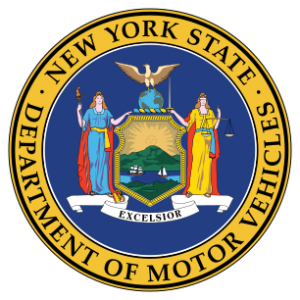 Symbol with two women and an eagle in the middle surrounded by the words "New York State, Department of Motor Vehicles."