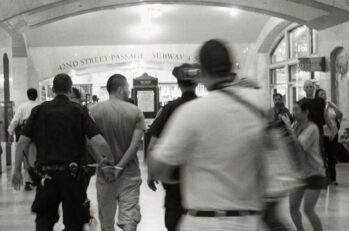 Black and white photo of a NYPD Police Officer arresting a man in a subway station.