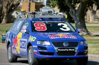 A self driving car mounted with cameras.