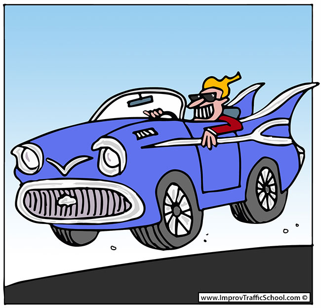 Comic like image of a man driving a blue car.