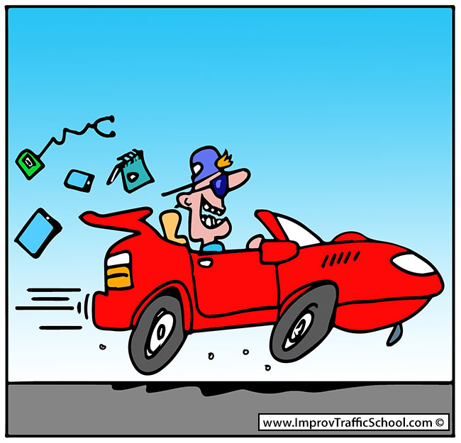 Comical image of a Person in a red car driving along with stuff like a cellphone and notebook flying out of the back of his car.