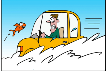Comical image of a man driving a yellow car and a fish jumping up at him.