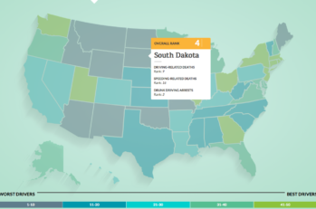 A map of the United States that shows South Dakota ranked as number four for states with the worst drivers.