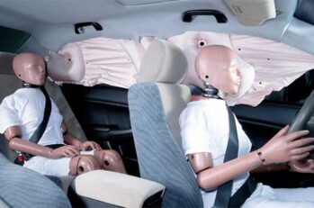 Dummies getting hit by air bags in a car safety test.