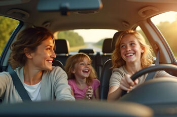 A newly licensed teenager drivers her mother and younger sister to the store. Mom smiles knowing how much she's saving on her daughters auto insurance.