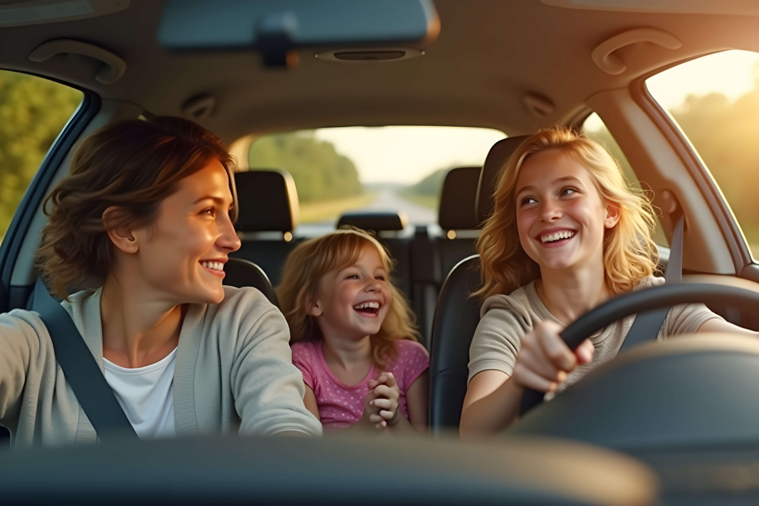 A newly licensed teenager drivers her mother and younger sister to the store. Mom smiles knowing how much she's saving on her daughters auto insurance.