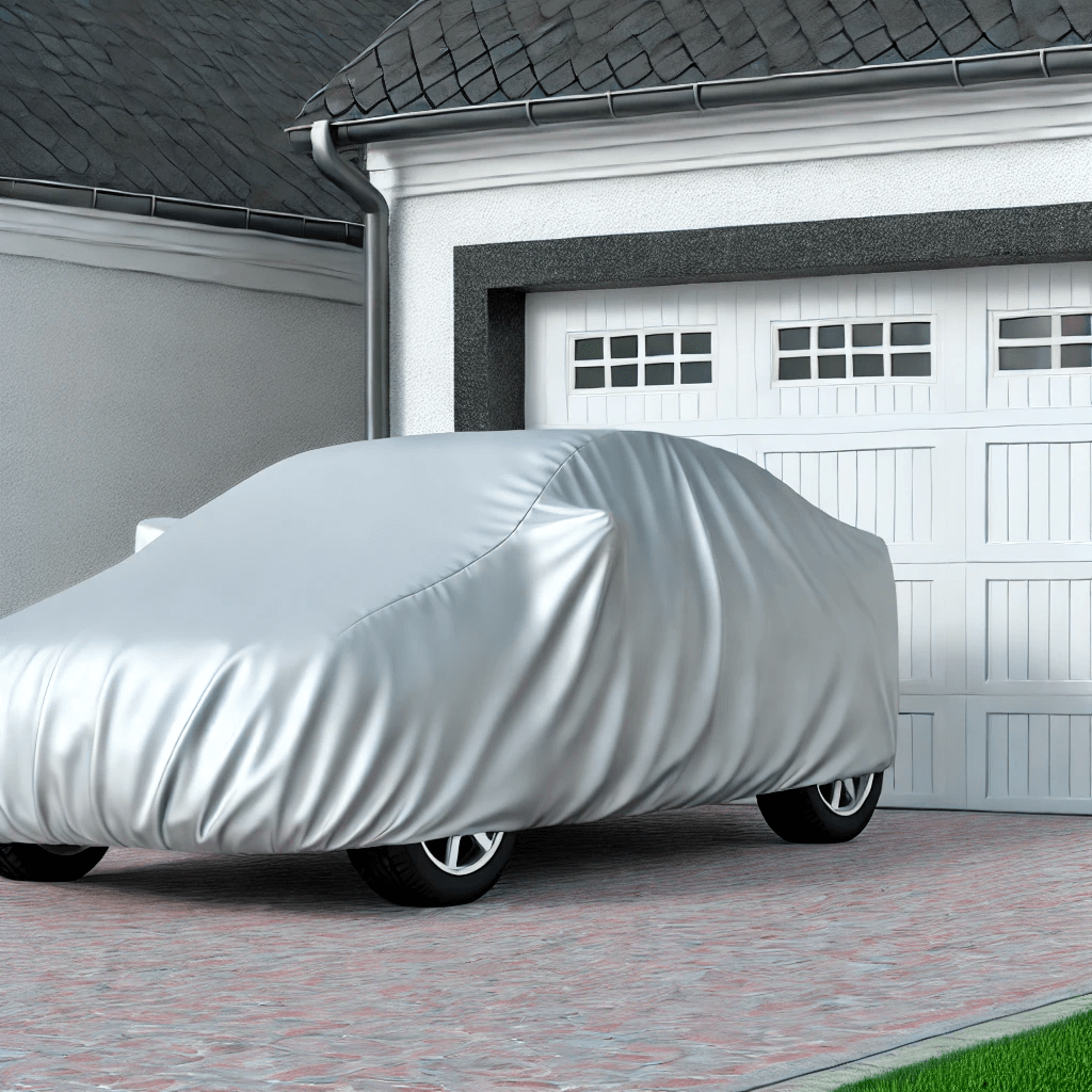 A family sedan sits covered outside of a suburban garage. This family must be enjoying a low-mileage discount on their auto insurance.