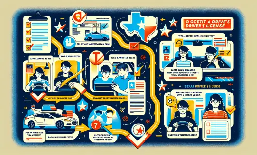 Illustration showing the steps to obtain a Texas driver's license.