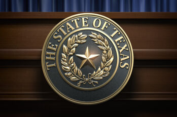 The seal of the State of Texas taken from a courtroom.