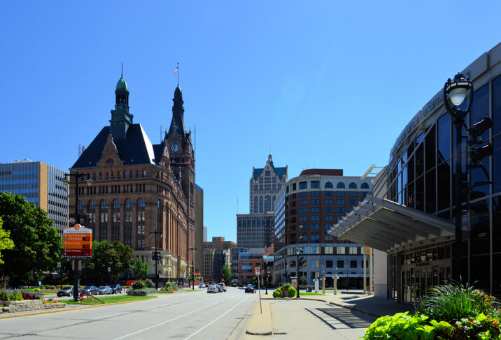 Milwaukee, Wisconsin, USA: view south along Water Street from the Marcus Center for the Performing Arts - the other buildings in the image are (left to right) the Frank P. Zeidler Municipal Building, the City Hall, the First National bank Building, the Faison Building and Saint Kate - The Arts Hotel.